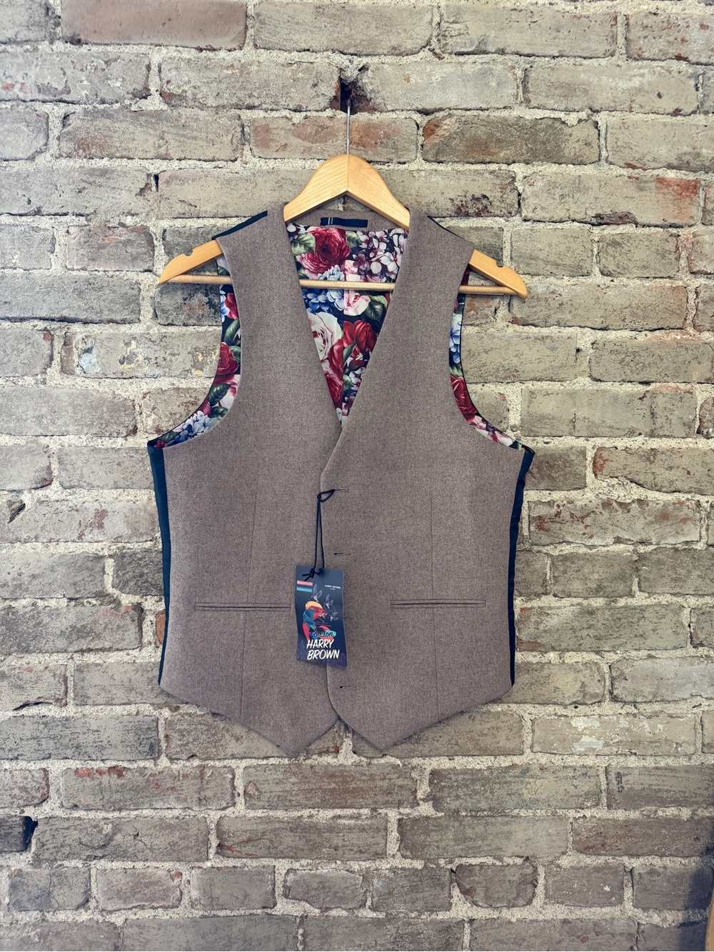 Men's Taupe Wool Blend Vest with Floral Lining